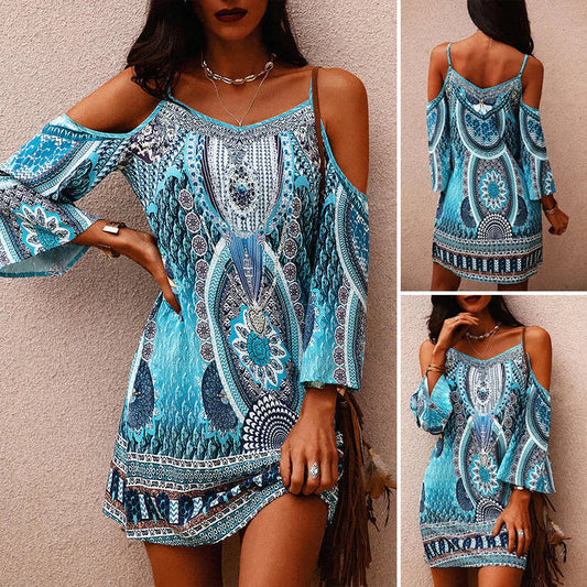 Blaues Schulterfreies Bedrucktes Kleid | Design by Celiné Dias®
