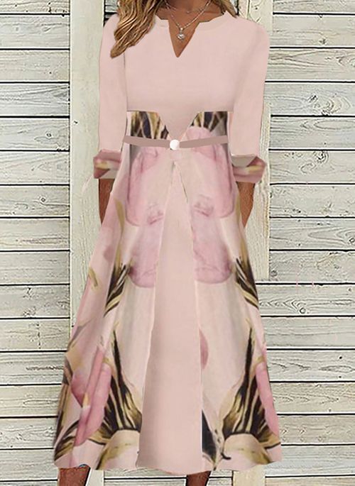 Florales Tunika-Kleid mit V-Ausschnitt Midi A-Linie