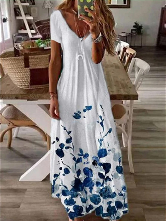 Damen Blumendruck V-Ausschnitt Mode Casual Maxi Kleid