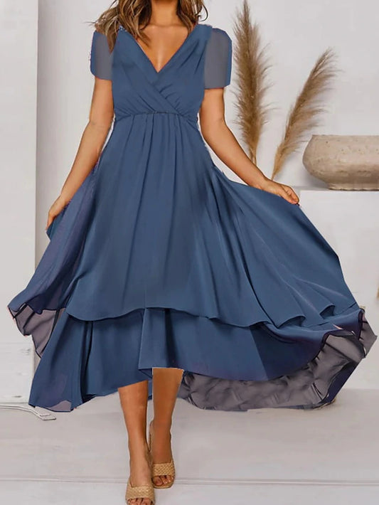 Damen Aline V-Ausschnitt Midi kurze Ärmel Kleid mit reinen Farbe gerüscht Chiffon für Sommer und Frühling
