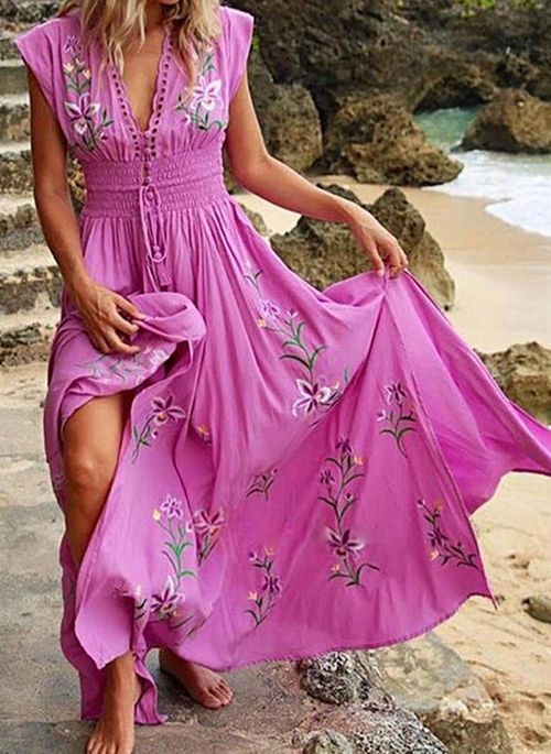 Florales Kleid mit V-Ausschnitt und langen Ärmeln Maxi X-Line