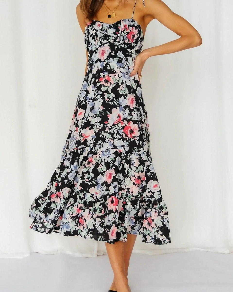 V-Ausschnitt rückenfreies Kleid mit Blumenmuster und Rüschenbesatz