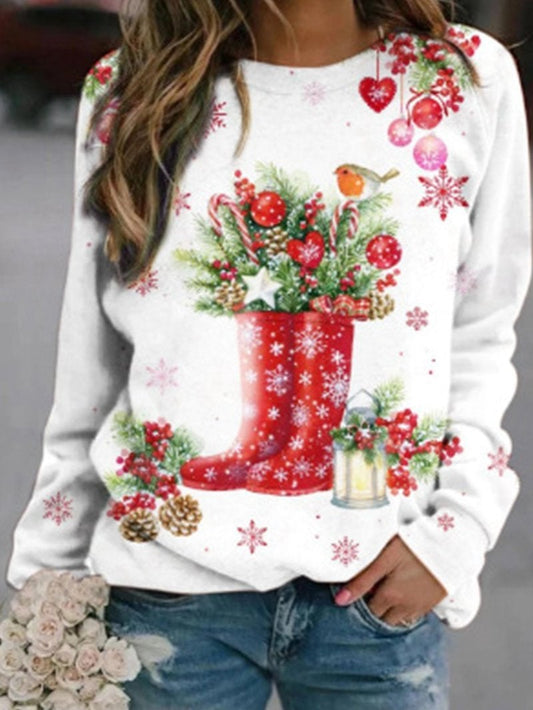 Natalie - Bedrucktes Sweatshirt mit Weihnachtsschneestiefeln