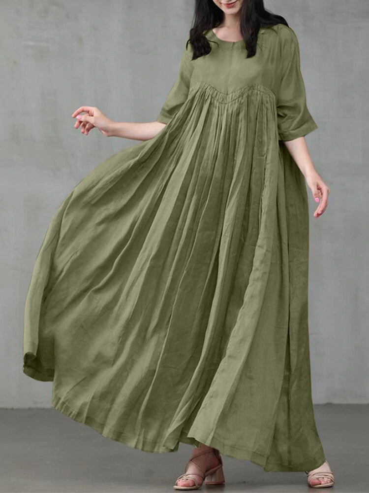 Frauen Vintage Baumwolle solide Farbe Falten halbe Ärmel Swing Maxikleider - Schwarz S