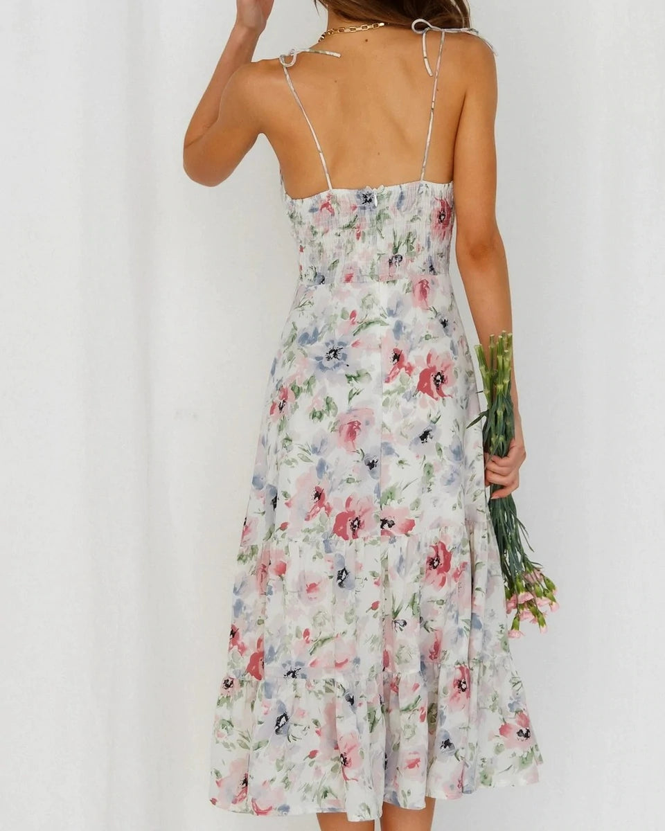 V-Ausschnitt rückenfreies Kleid mit Blumenmuster und Rüschenbesatz