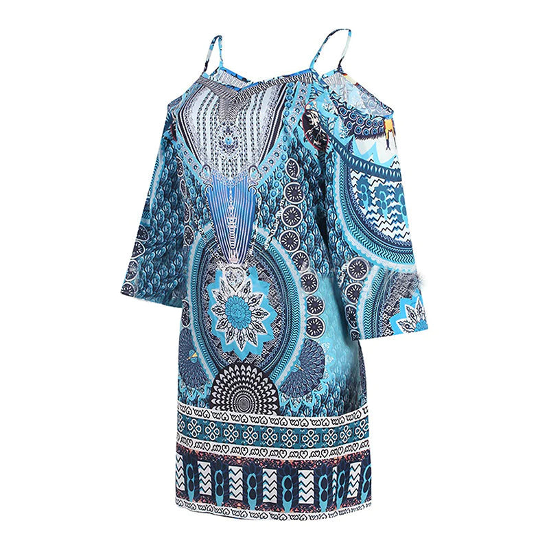 Blaues Schulterfreies Bedrucktes Kleid | Design by Celiné Dias®