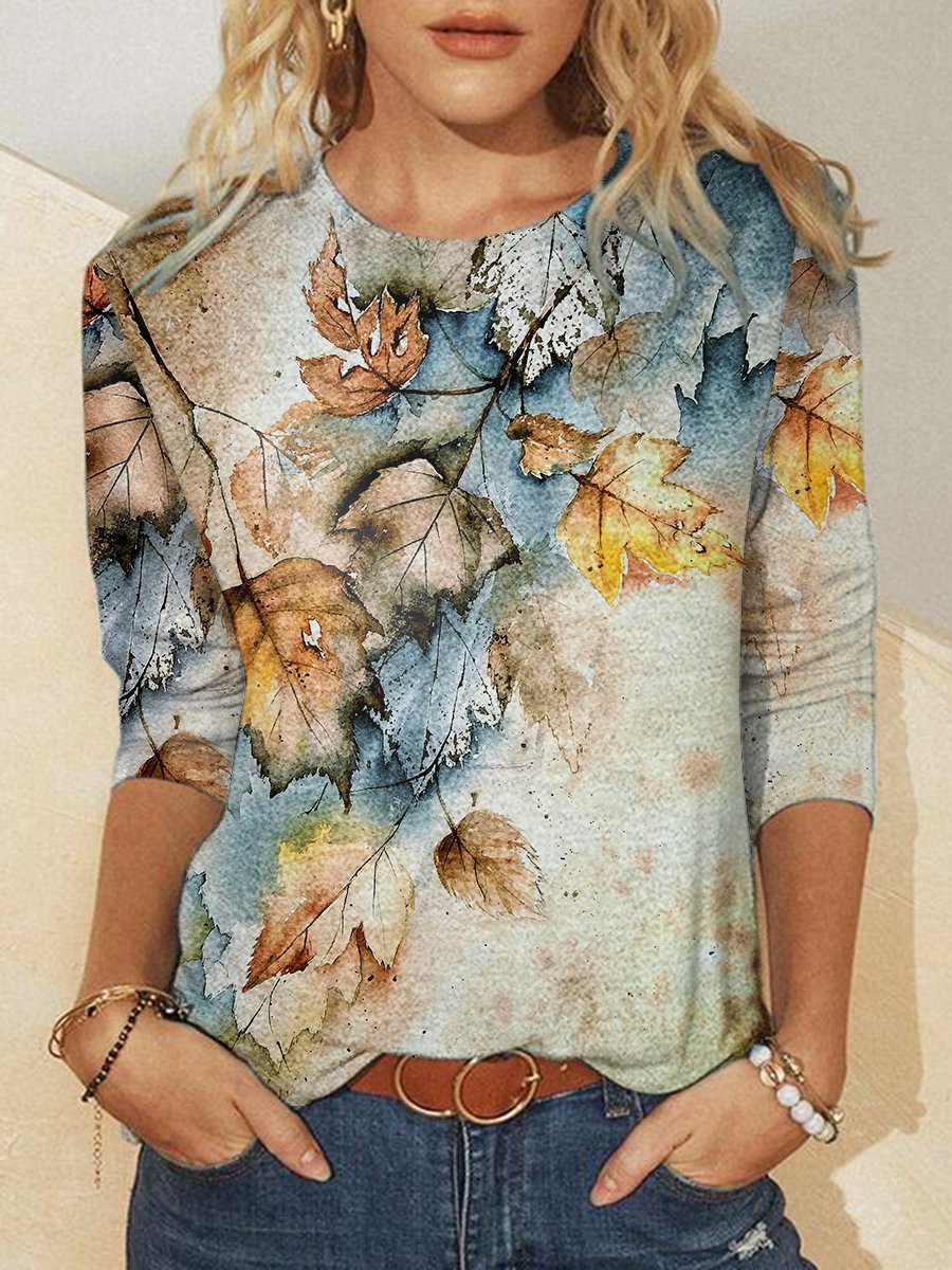 Weni - Herbst Maple Leaf Print Damen Rundhalsausschnitt Shirts & Tops